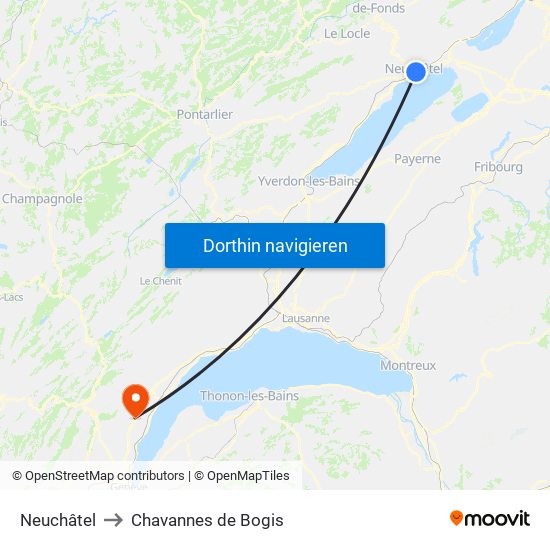 Neuchâtel to Chavannes de Bogis map