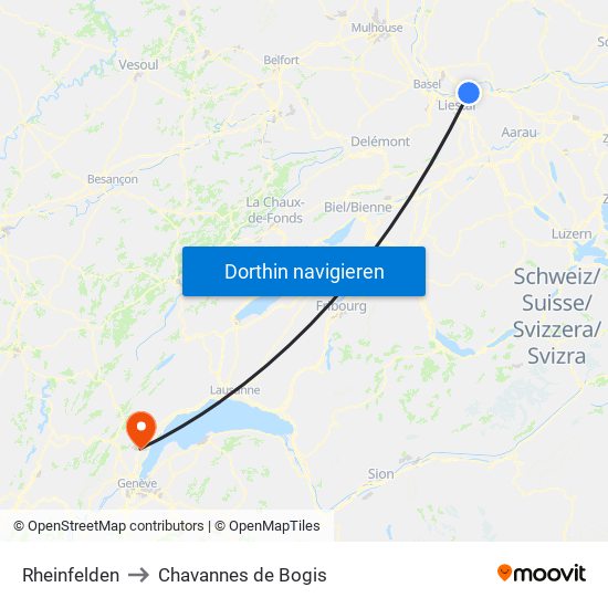 Rheinfelden to Chavannes de Bogis map