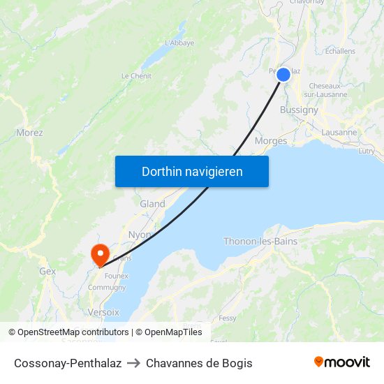 Cossonay-Penthalaz to Chavannes de Bogis map