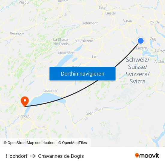 Hochdorf to Chavannes de Bogis map