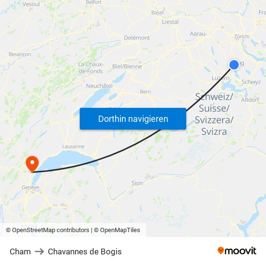 Cham to Chavannes de Bogis map