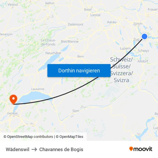 Wädenswil to Chavannes de Bogis map