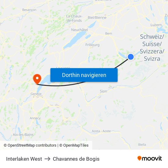 Interlaken West to Chavannes de Bogis map