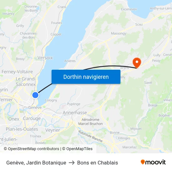 Genève, Jardin Botanique to Bons en Chablais map