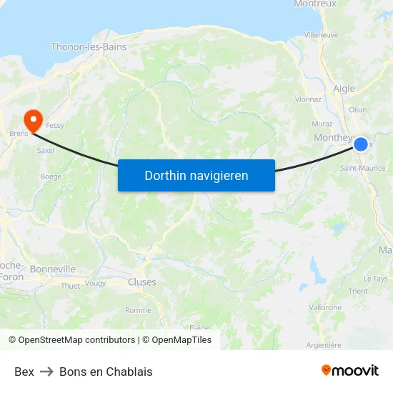 Bex to Bons en Chablais map