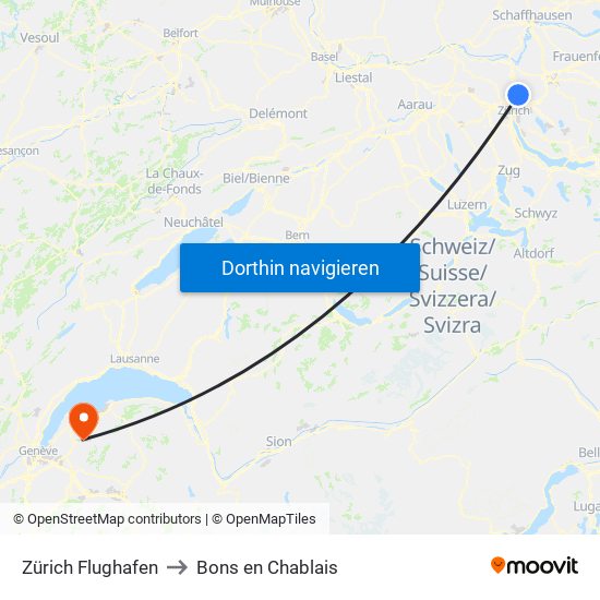 Zürich Flughafen to Bons en Chablais map