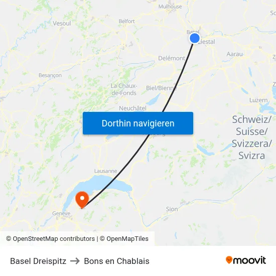 Basel Dreispitz to Bons en Chablais map
