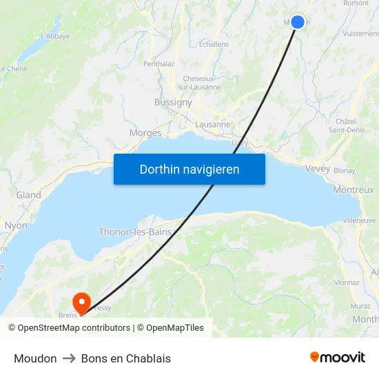Moudon to Bons en Chablais map