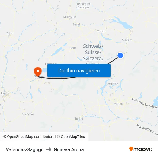 Valendas-Sagogn to Geneva Arena map