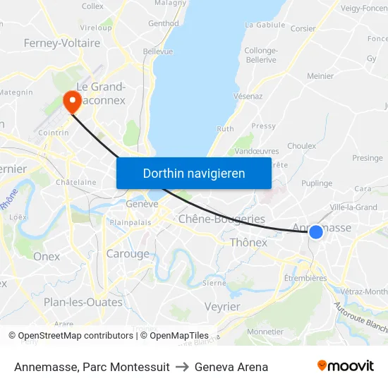 Annemasse, Parc Montessuit to Geneva Arena map