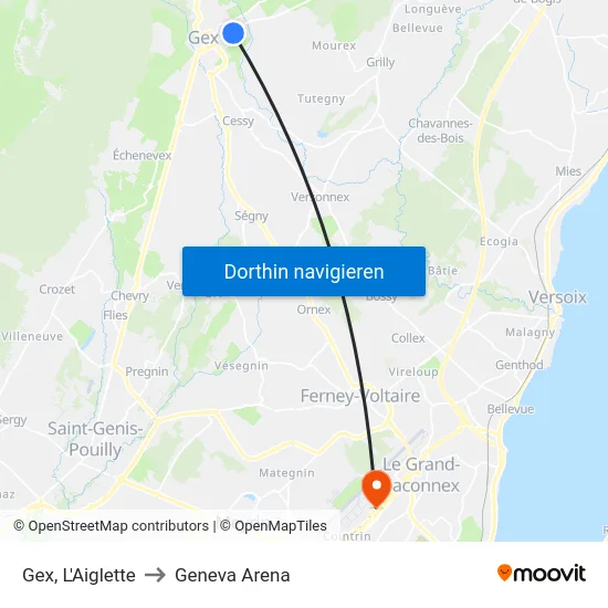 Gex, L'Aiglette to Geneva Arena map