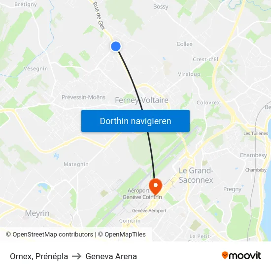 Ornex, Prénépla to Geneva Arena map