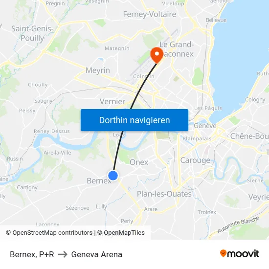 Bernex, P+R to Geneva Arena map