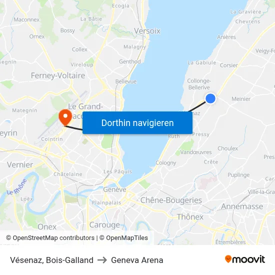 Vésenaz, Bois-Galland to Geneva Arena map