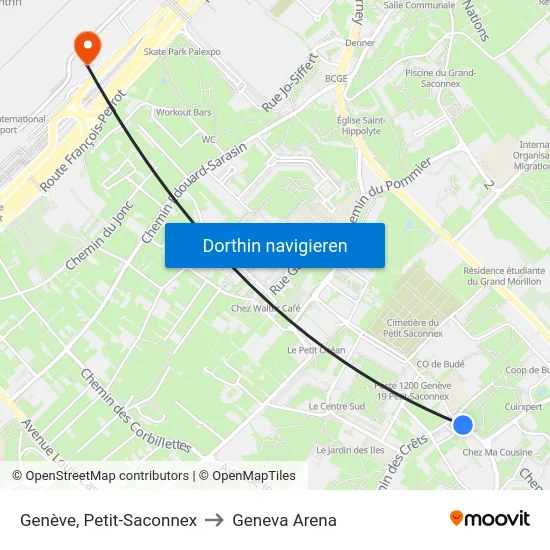 Genève, Petit-Saconnex to Geneva Arena map