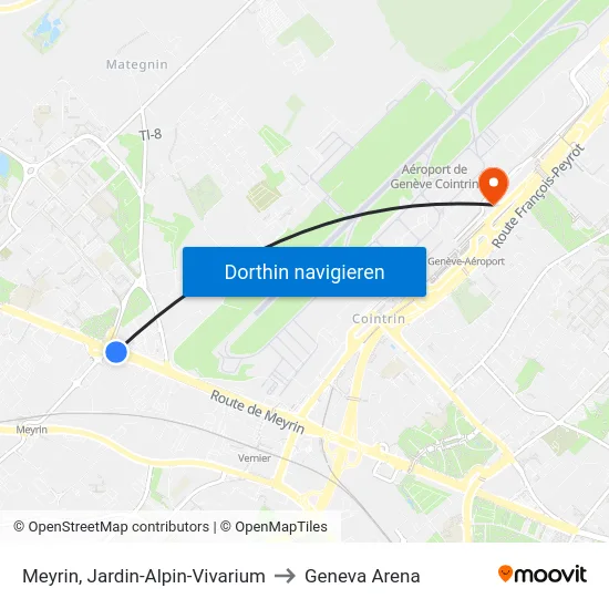 Meyrin, Jardin-Alpin-Vivarium to Geneva Arena map