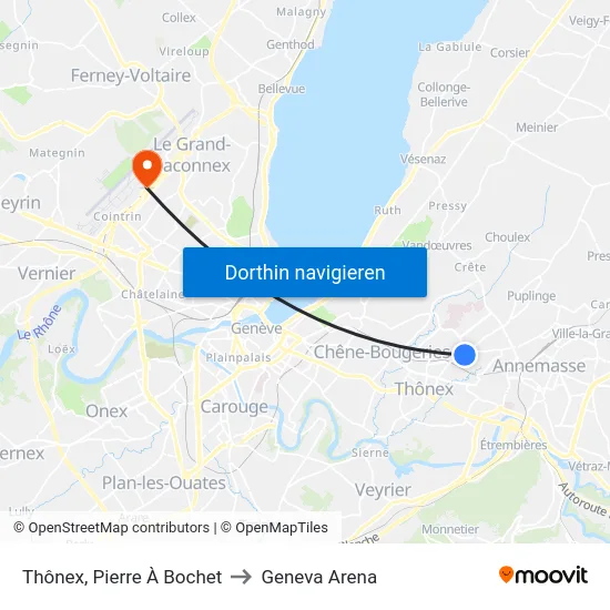Thônex, Pierre À Bochet to Geneva Arena map