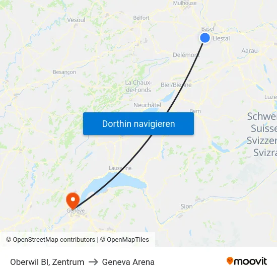 Oberwil Bl, Zentrum to Geneva Arena map