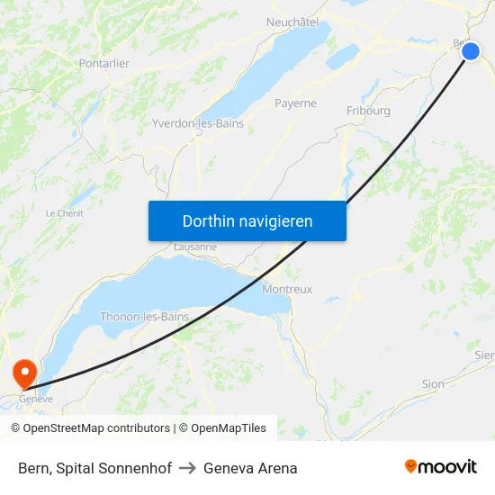 Bern, Spital Sonnenhof to Geneva Arena map