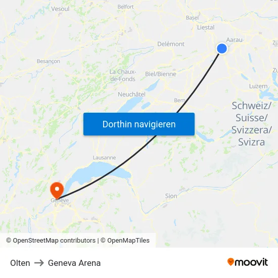 Olten to Geneva Arena map