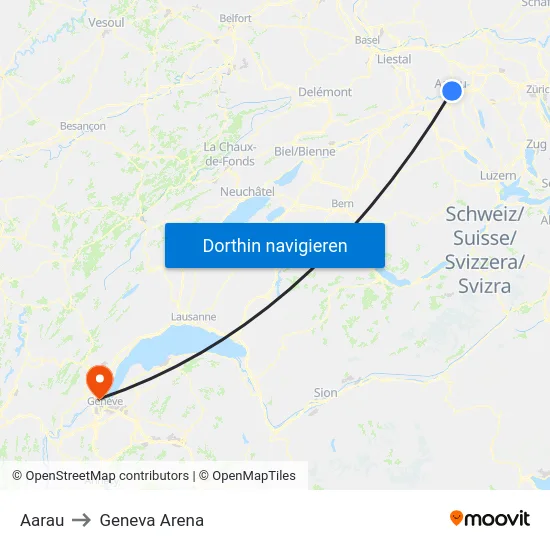 Aarau to Geneva Arena map