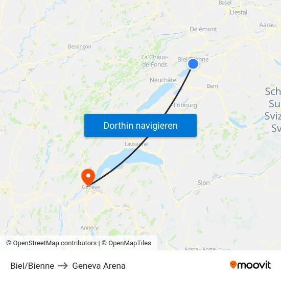 Biel/Bienne to Geneva Arena map