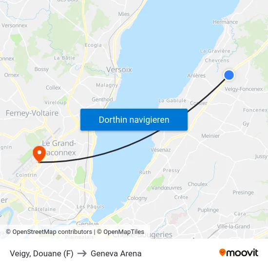 Veigy, Douane (F) to Geneva Arena map