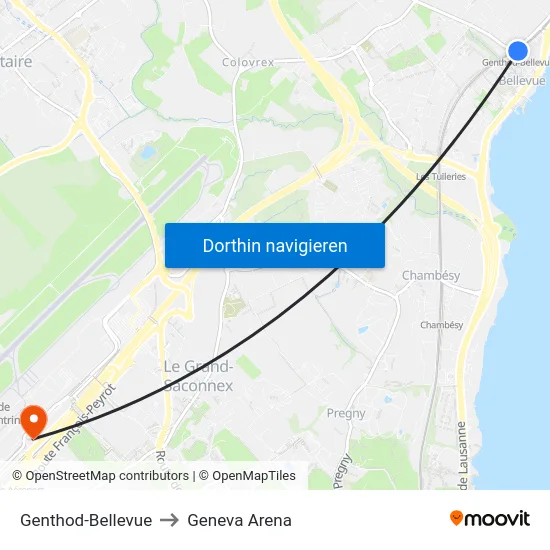 Genthod-Bellevue to Geneva Arena map