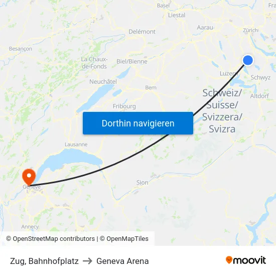 Zug, Bahnhofplatz to Geneva Arena map