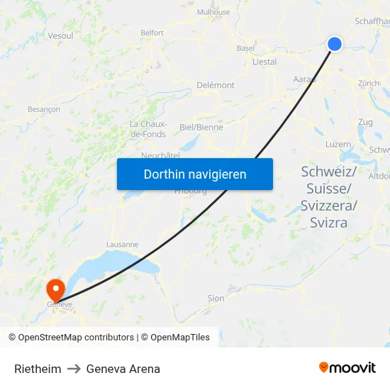 Rietheim to Geneva Arena map