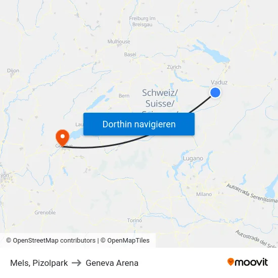 Mels, Pizolpark to Geneva Arena map