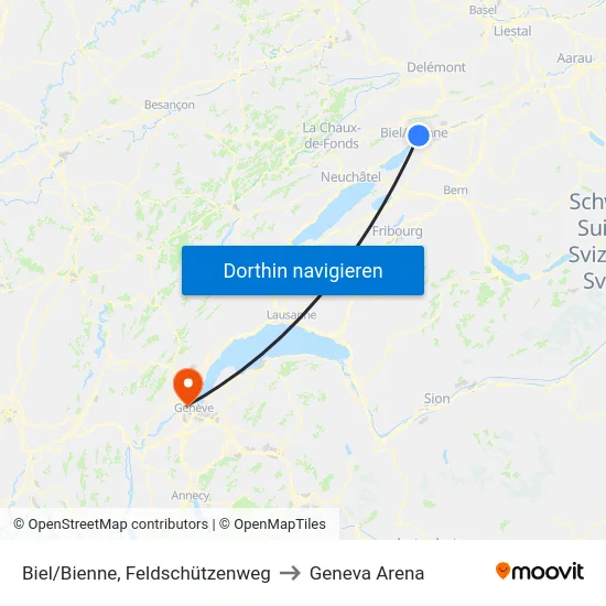 Biel/Bienne, Feldschützenweg to Geneva Arena map