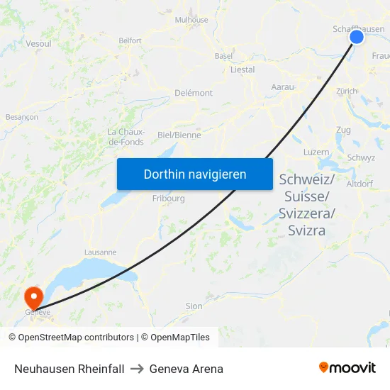Neuhausen Rheinfall to Geneva Arena map