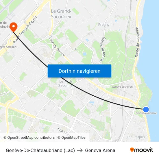 Genève-De-Châteaubriand (Lac) to Geneva Arena map
