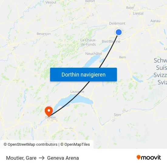 Moutier, Gare to Geneva Arena map
