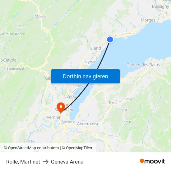 Rolle, Martinet to Geneva Arena map