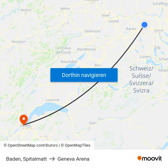 Baden, Spitalmatt to Geneva Arena map