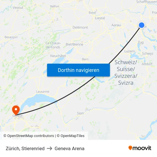 Zürich, Stierenried to Geneva Arena map