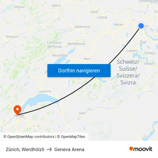 Zürich, Werdhölzli to Geneva Arena map