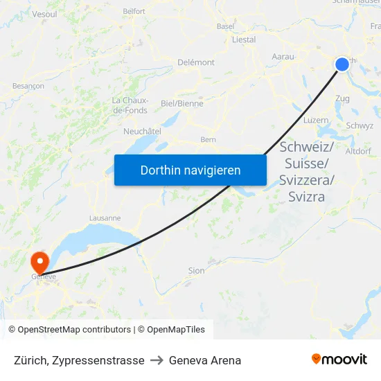 Zürich, Zypressenstrasse to Geneva Arena map