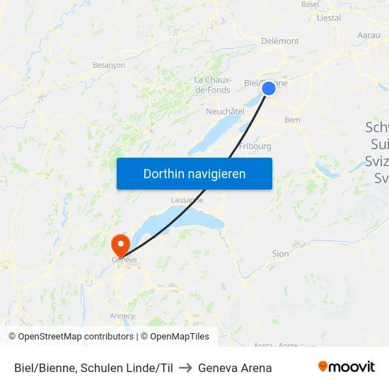 Biel/Bienne, Schulen Linde/Til to Geneva Arena map