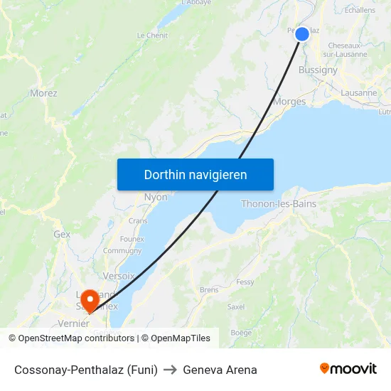 Cossonay-Penthalaz (Funi) to Geneva Arena map