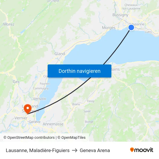 Lausanne, Maladière-Figuiers to Geneva Arena map