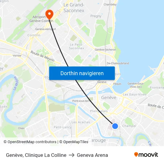 Genève, Clinique La Colline to Geneva Arena map