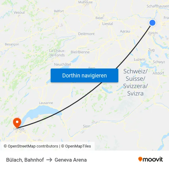 Bülach, Bahnhof to Geneva Arena map