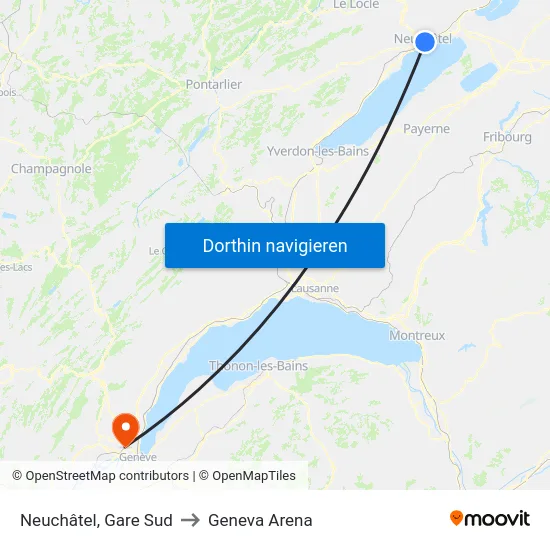 Neuchâtel, Gare Sud to Geneva Arena map