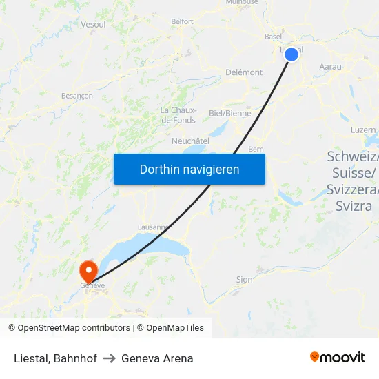 Liestal, Bahnhof to Geneva Arena map