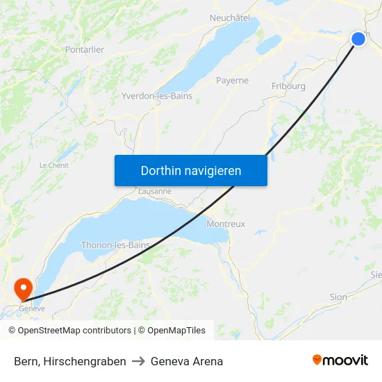 Bern, Hirschengraben to Geneva Arena map