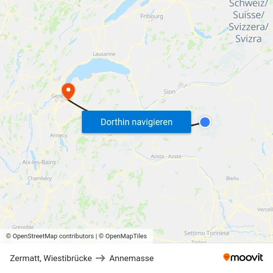 Zermatt, Wiestibrücke to Annemasse map