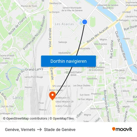 Genève, Vernets to Stade de Genève map